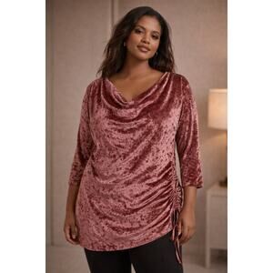 Hearts of Palms Crushed Velvet Pink Cowl Neck Ruched Top Plus 2X NWT